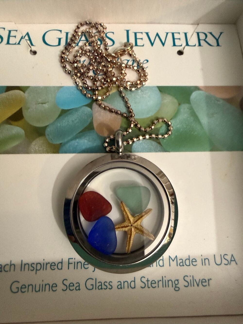 Handmade Sea Glass Starfish Pendant 17" Chain Boxed